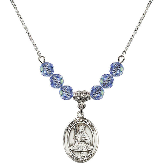 Sterling Silver Saint Walburga Birthstone Necklace with Light Sapphire Beads - 8126