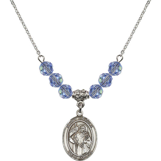 Sterling Silver Saint Ursula Birthstone Necklace with Light Sapphire Beads - 8127
