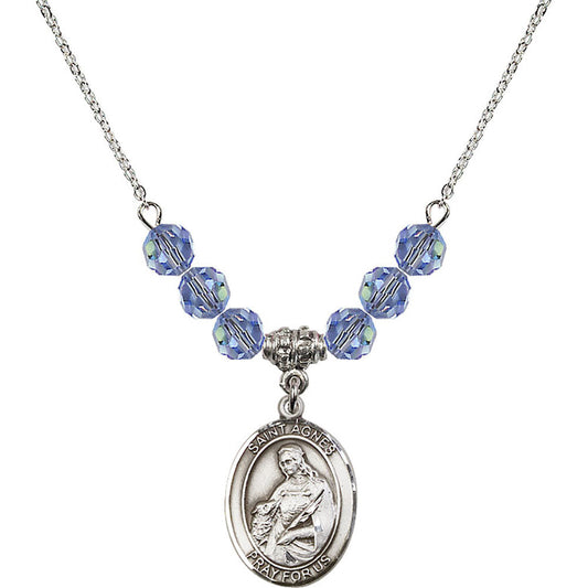 Sterling Silver Saint Agnes of Rome Birthstone Necklace with Light Sapphire Beads - 8128