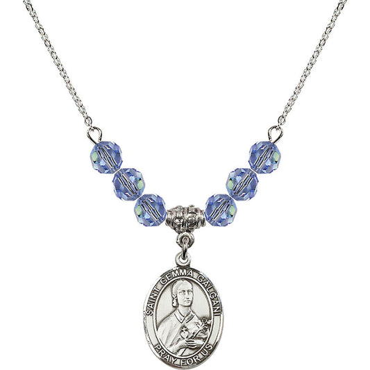Sterling Silver Saint Gemma Galgani Birthstone Necklace with Light Sapphire Beads - 8130
