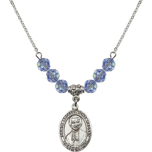Sterling Silver Saint Marcellin Champagnat Birthstone Necklace with Light Sapphire Beads - 8131