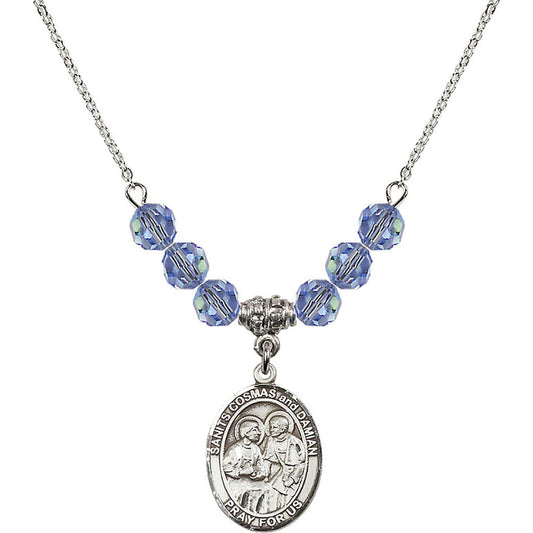 Sterling Silver Saints Cosmas & Damian Birthstone Necklace with Light Sapphire Beads - 8132