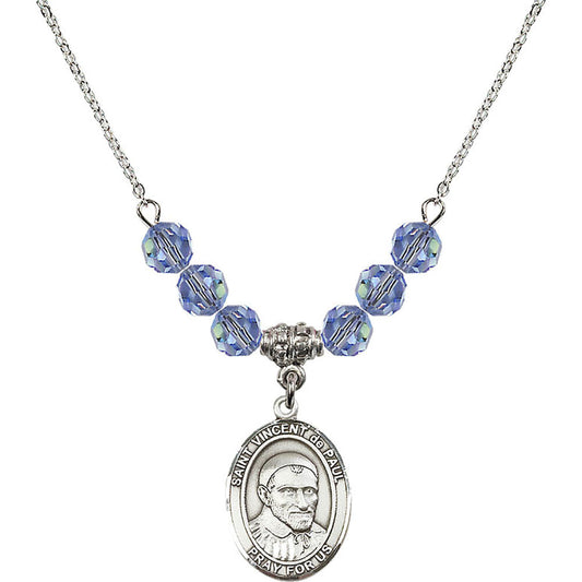 Sterling Silver Saint Vincent De Paul Birthstone Necklace with Light Sapphire Beads - 8134