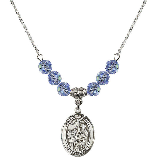 Sterling Silver Saint Jerome Birthstone Necklace with Light Sapphire Beads - 8135