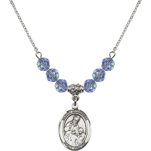 Sterling Silver Saint Ambrose Birthstone Necklace with Light Sapphire Beads - 8137