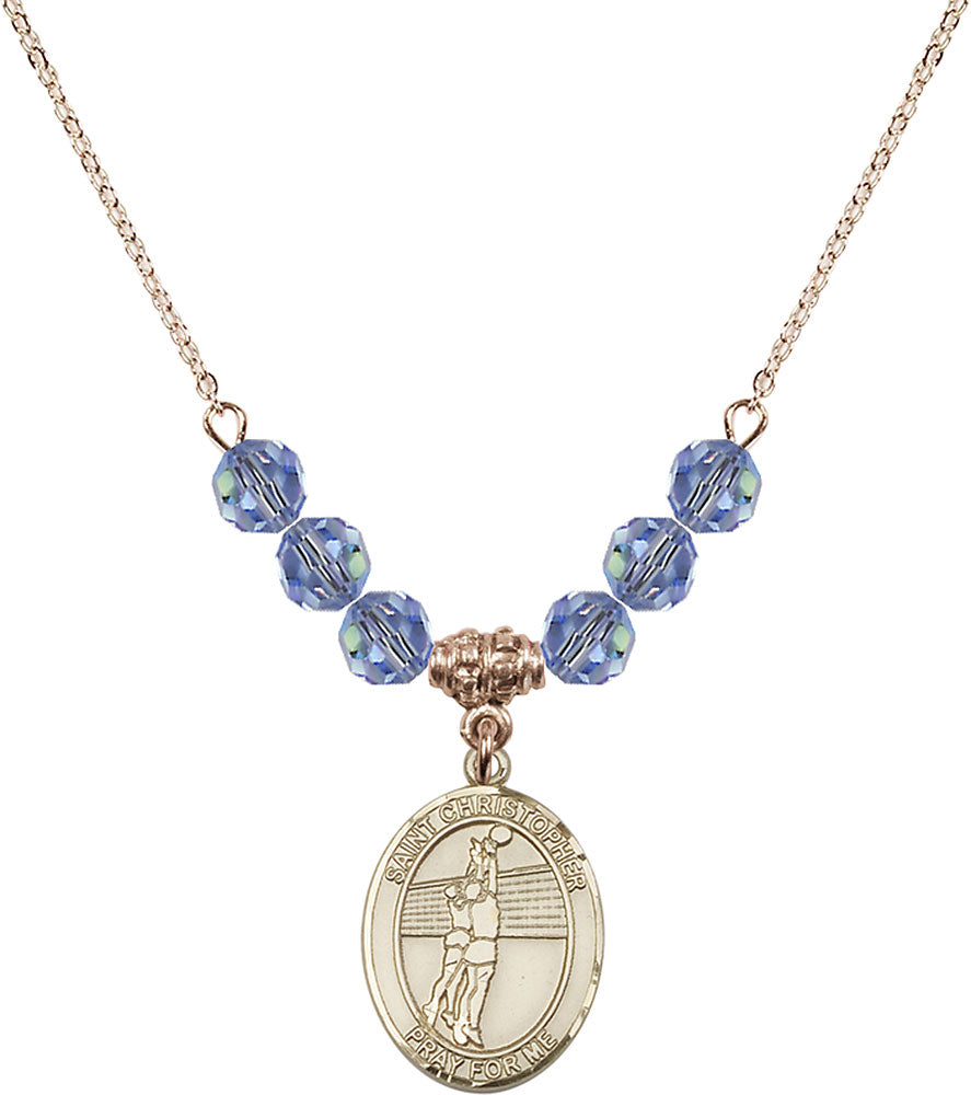 14kt Gold Filled Saint Christopher/Volleyball Birthstone Necklace with Light Sapphire Beads - 8138