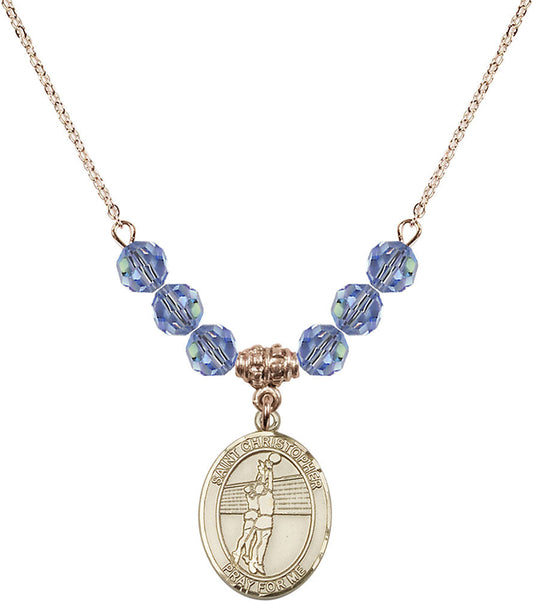 14kt Gold Filled Saint Christopher/Volleyball Birthstone Necklace with Light Sapphire Beads - 8138