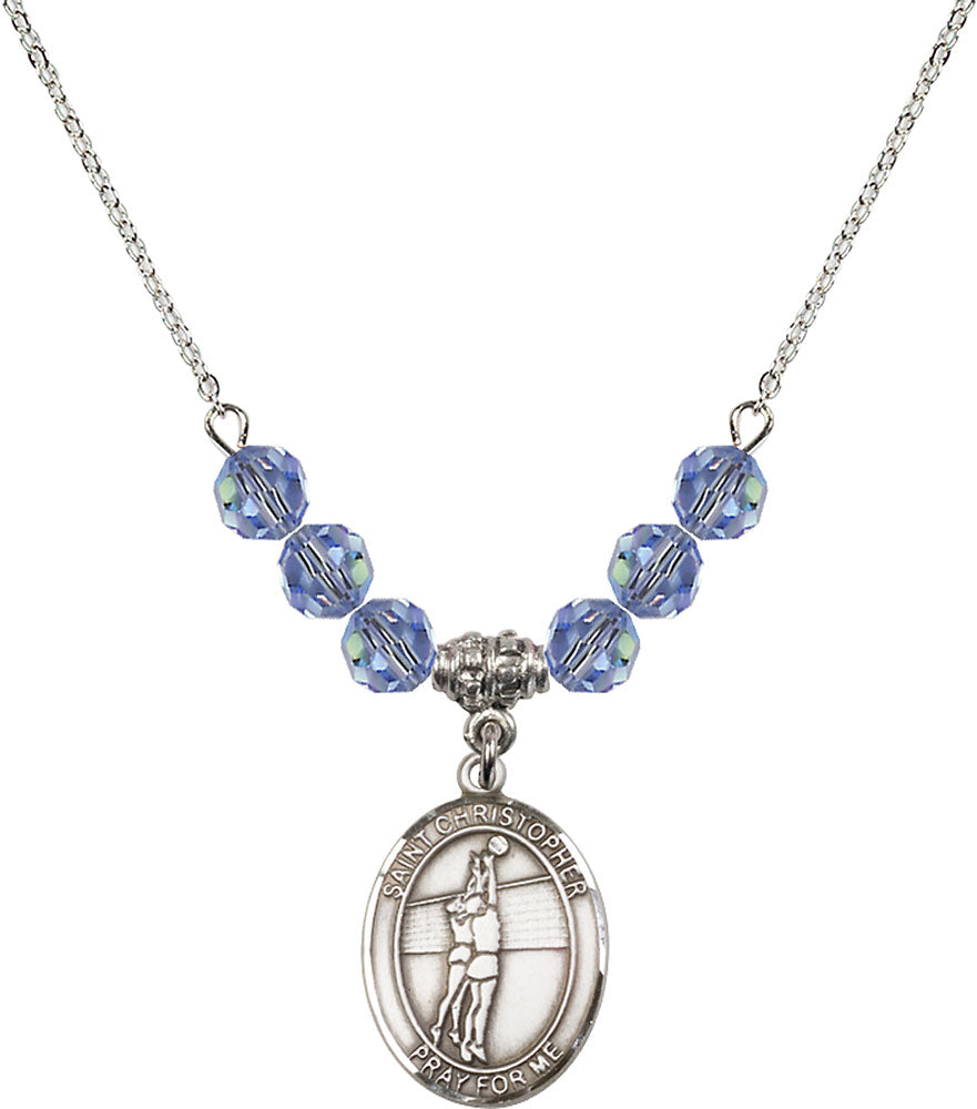Sterling Silver Saint Christopher/Volleyball Birthstone Necklace with Light Sapphire Beads - 8138