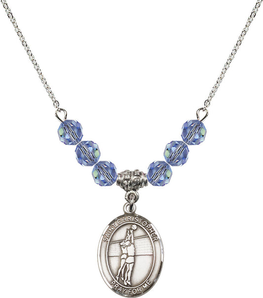 Sterling Silver Saint Christopher/Volleyball Birthstone Necklace with Light Sapphire Beads - 8138
