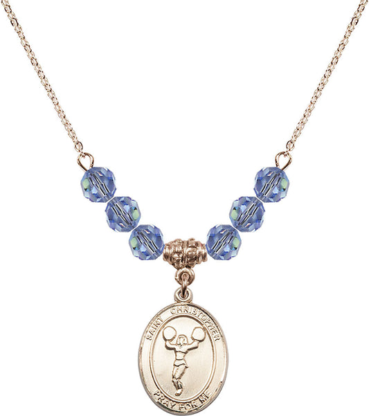 14kt Gold Filled Saint Christopher/Cheerleading Birthstone Necklace with Light Sapphire Beads - 8140
