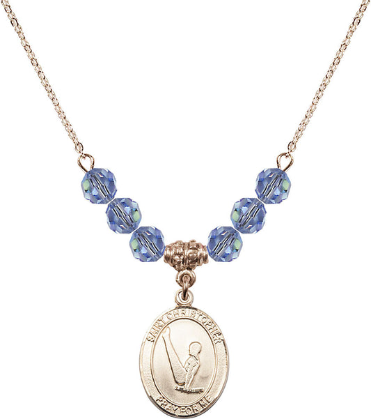 14kt Gold Filled Saint Christopher/Gymnastics Birthstone Necklace with Light Sapphire Beads - 8142