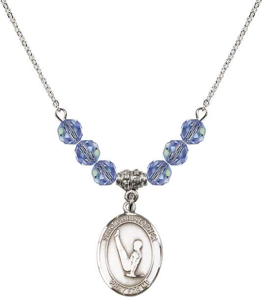 Sterling Silver Saint Christopher/Gymnastics Birthstone Necklace with Light Sapphire Beads - 8142