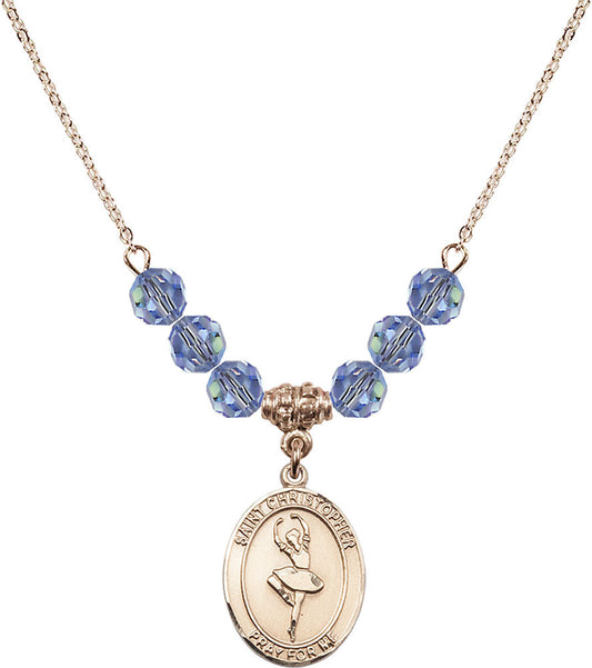 14kt Gold Filled Saint Christopher/Dance Birthstone Necklace with Light Sapphire Beads - 8143
