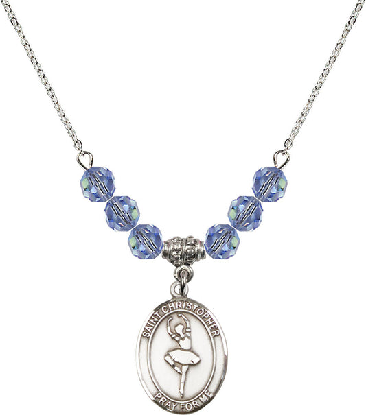 Sterling Silver Saint Christopher/Dance Birthstone Necklace with Light Sapphire Beads - 8143