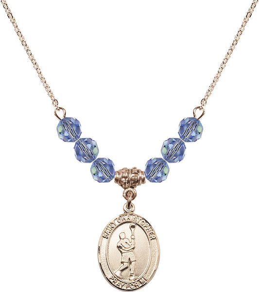 14kt Gold Filled Saint Christopher/Lacrosse Birthstone Necklace with Light Sapphire Beads - 8144