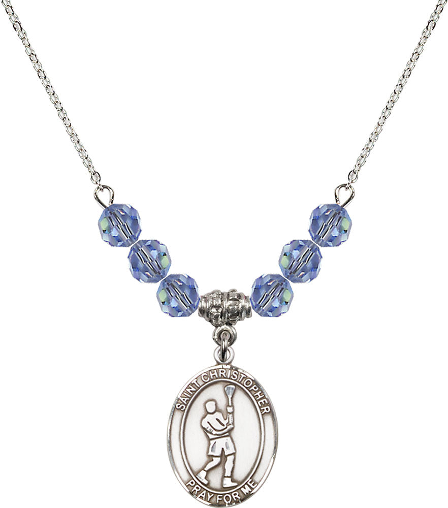 Sterling Silver Saint Christopher/Lacrosse Birthstone Necklace with Light Sapphire Beads - 8144