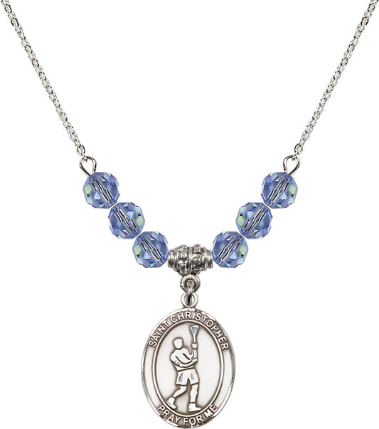 Sterling Silver Saint Christopher/Lacrosse Birthstone Necklace with Light Sapphire Beads - 8144