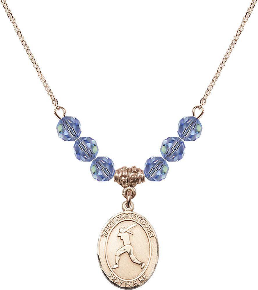 14kt Gold Filled Saint Christopher/Softball Birthstone Necklace with Light Sapphire Beads - 8145