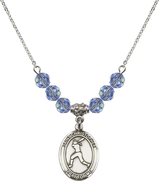Sterling Silver Saint Christopher/Softball Birthstone Necklace with Light Sapphire Beads - 8145