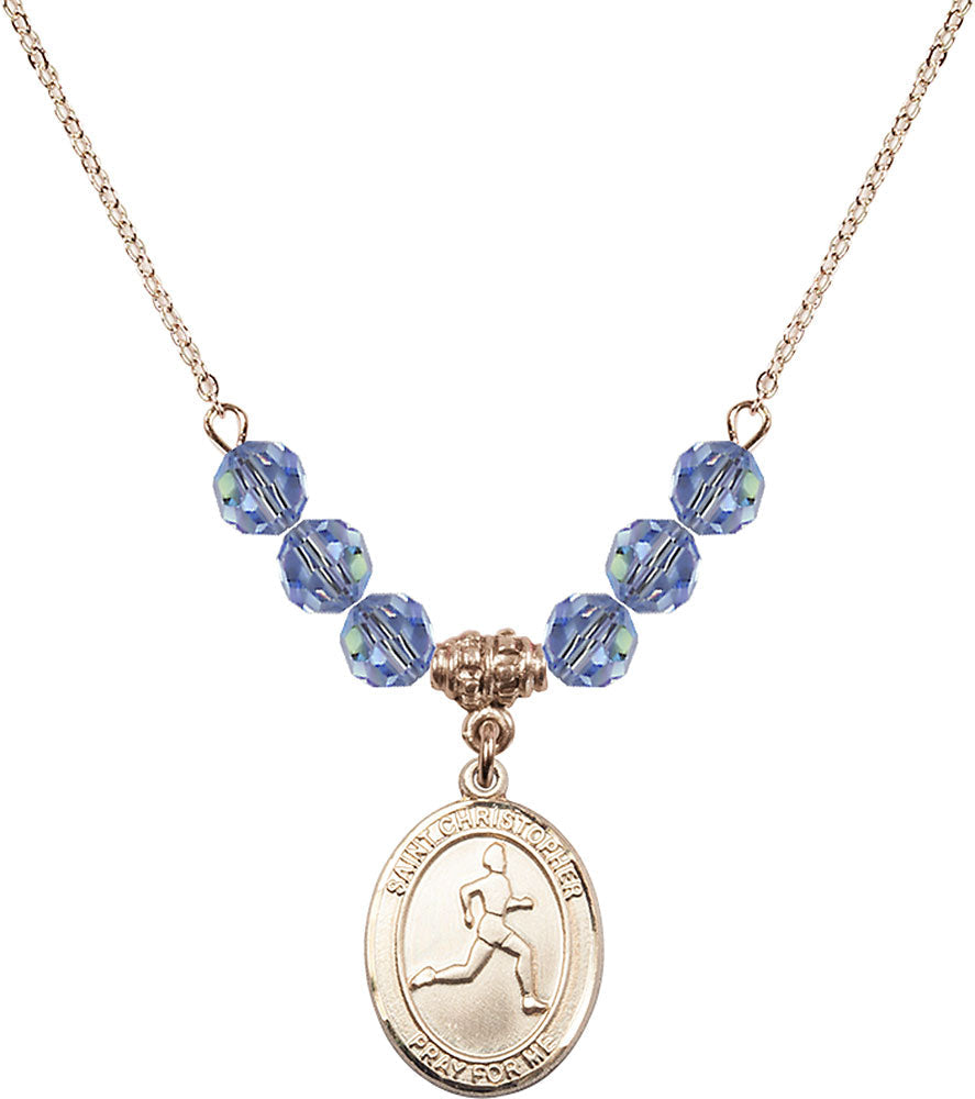 14kt Gold Filled Saint Christopher/Track & Field Birthstone Necklace with Light Sapphire Beads - 8149