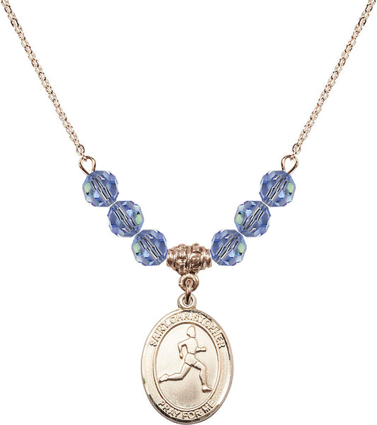 14kt Gold Filled Saint Christopher/Track & Field Birthstone Necklace with Light Sapphire Beads - 8149