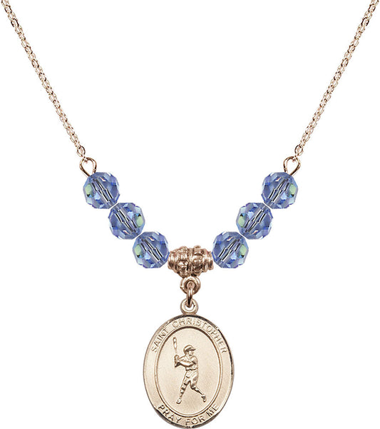 14kt Gold Filled Saint Christopher/Baseball Birthstone Necklace with Light Sapphire Beads - 8150
