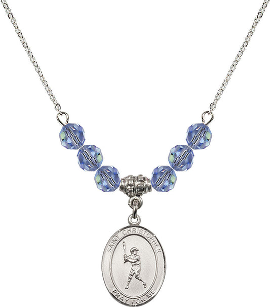 Sterling Silver Saint Christopher/Baseball Birthstone Necklace with Light Sapphire Beads - 8150