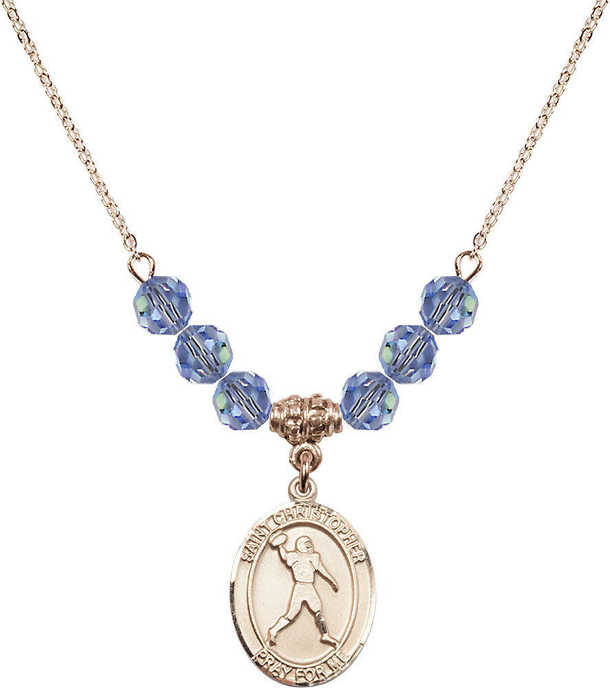 14kt Gold Filled Saint Christopher/Football Birthstone Necklace with Light Sapphire Beads - 8151