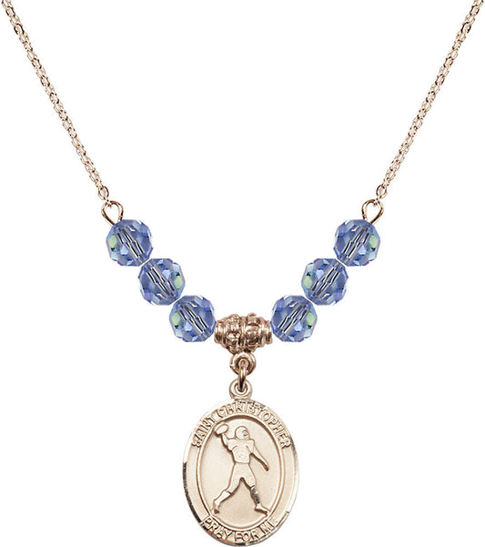 14kt Gold Filled Saint Christopher/Football Birthstone Necklace with Light Sapphire Beads - 8151