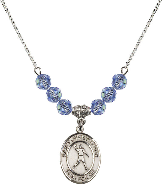 Sterling Silver Saint Christopher/Football Birthstone Necklace with Light Sapphire Beads - 8151