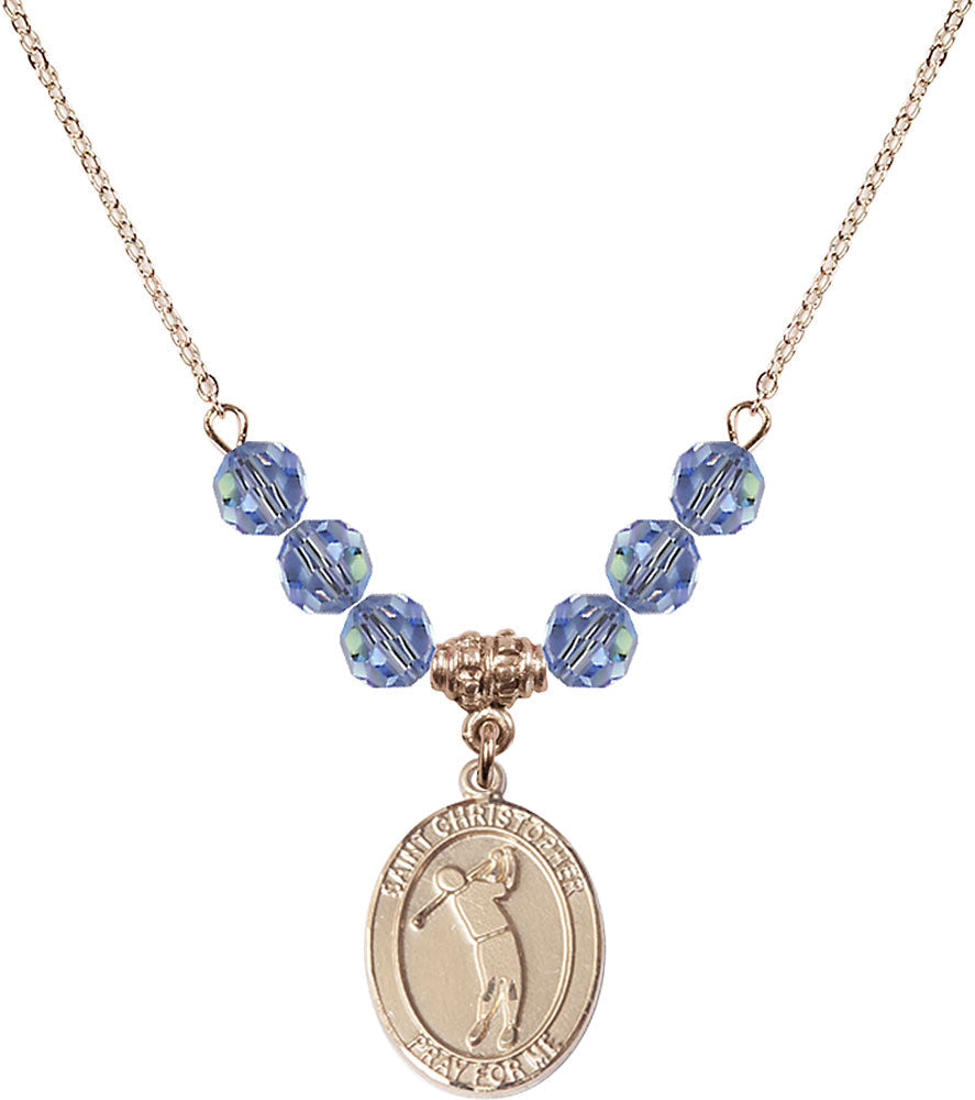 14kt Gold Filled Saint Christopher/Golf Birthstone Necklace with Light Sapphire Beads - 8152