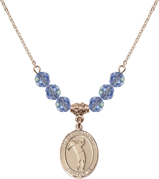 14kt Gold Filled Saint Christopher/Golf Birthstone Necklace with Light Sapphire Beads - 8152