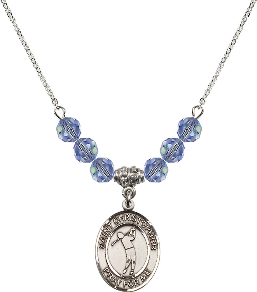 Sterling Silver Saint Christopher/Golf Birthstone Necklace with Light Sapphire Beads - 8152