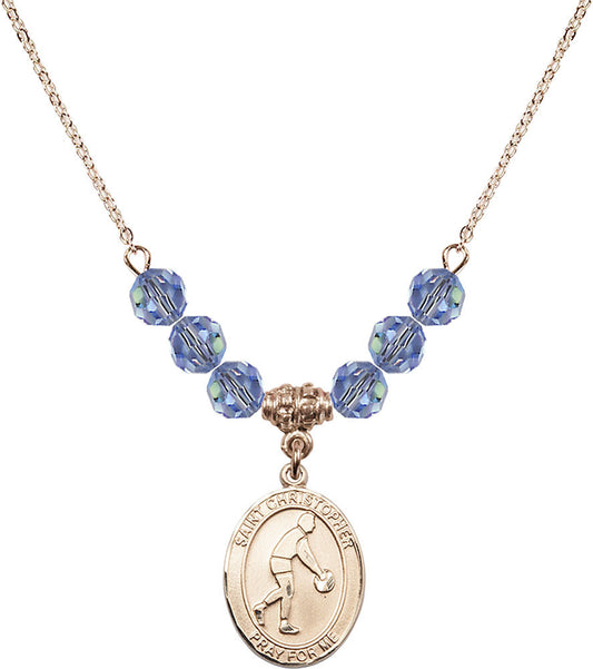 14kt Gold Filled Saint Christopher/Basketball Birthstone Necklace with Light Sapphire Beads - 8153