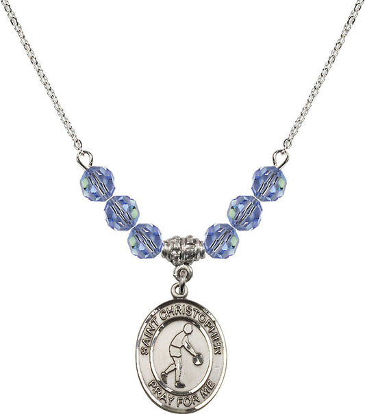 Sterling Silver Saint Christopher/Basketball Birthstone Necklace with Light Sapphire Beads - 8153