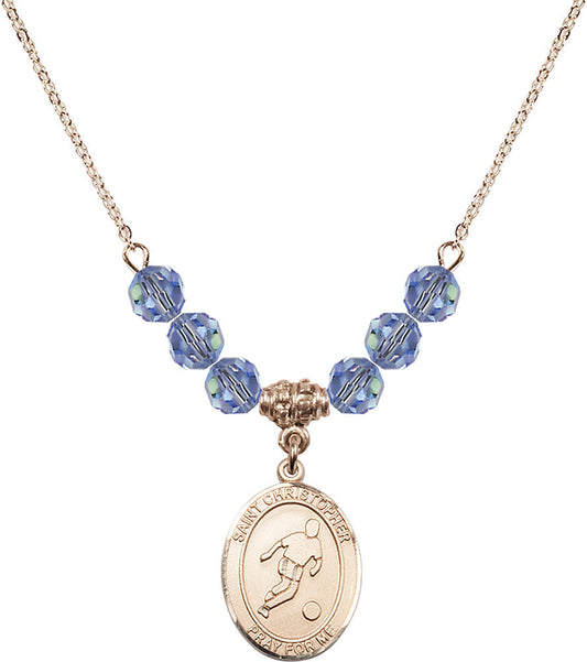 14kt Gold Filled Saint Christopher/Soccer Birthstone Necklace with Light Sapphire Beads - 8154