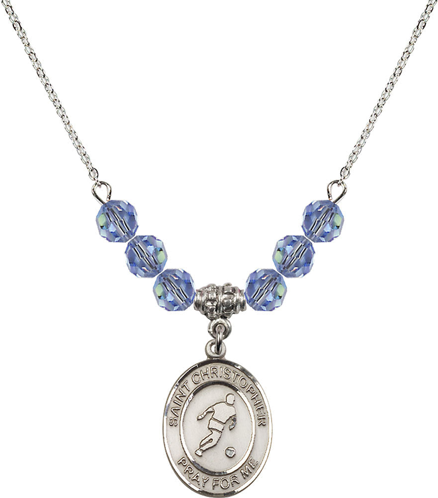 Sterling Silver Saint Christopher/Soccer Birthstone Necklace with Light Sapphire Beads - 8154