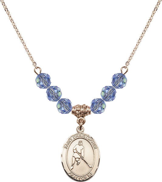 14kt Gold Filled Saint Christopher/Ice Hockey Birthstone Necklace with Light Sapphire Beads - 8155