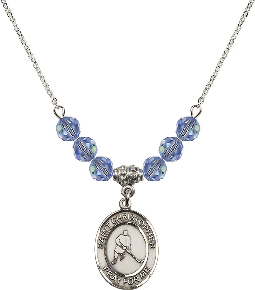 Sterling Silver Saint Christopher/Ice Hockey Birthstone Necklace with Light Sapphire Beads - 8155