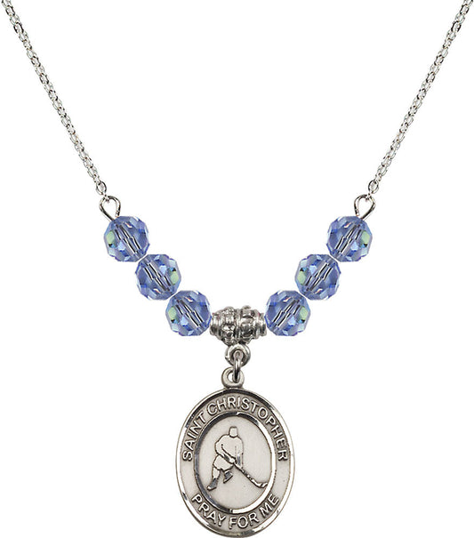 Sterling Silver Saint Christopher/Ice Hockey Birthstone Necklace with Light Sapphire Beads - 8155