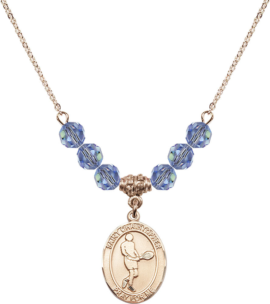 14kt Gold Filled Saint Christopher/Tennis Birthstone Necklace with Light Sapphire Beads - 8156