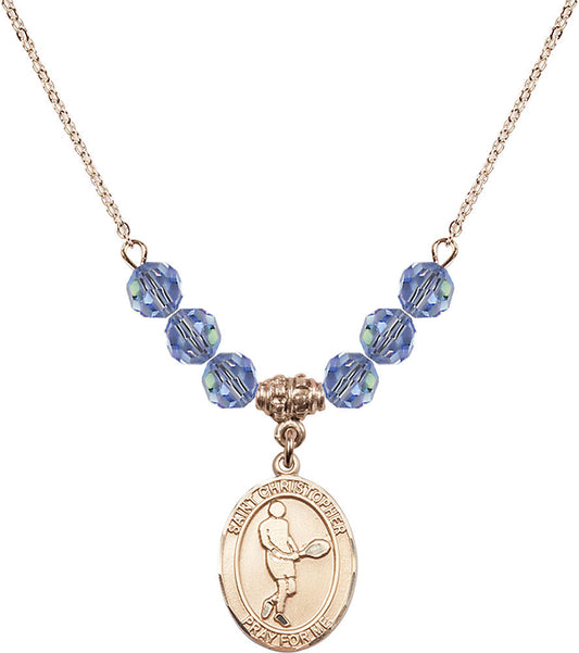 14kt Gold Filled Saint Christopher/Tennis Birthstone Necklace with Light Sapphire Beads - 8156