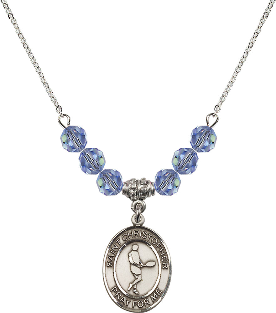 Sterling Silver Saint Christopher/Tennis Birthstone Necklace with Light Sapphire Beads - 8156