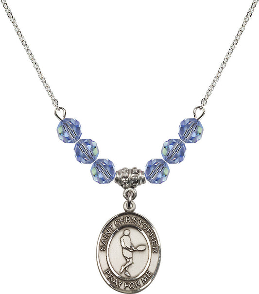 Sterling Silver Saint Christopher/Tennis Birthstone Necklace with Light Sapphire Beads - 8156
