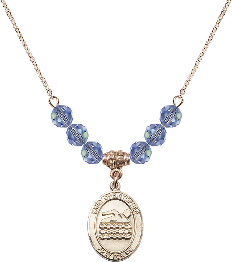 14kt Gold Filled Saint Christopher/Swimming Birthstone Necklace with Light Sapphire Beads - 8157