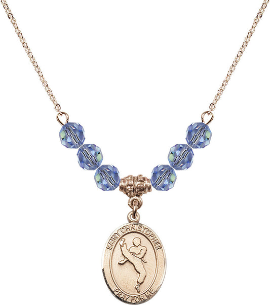 14kt Gold Filled Saint Christopher/Martial Arts Birthstone Necklace with Light Sapphire Beads - 8158