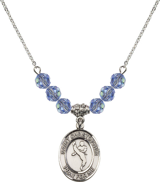 Sterling Silver Saint Christopher/Martial Arts Birthstone Necklace with Light Sapphire Beads - 8158