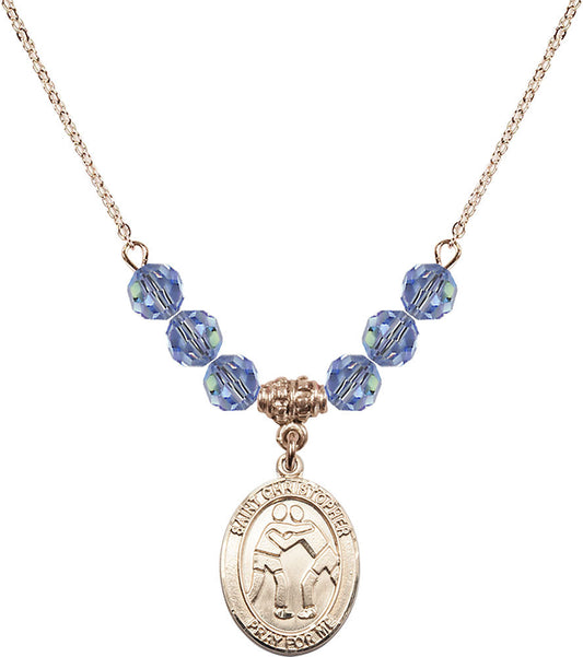 14kt Gold Filled Saint Christopher/Wrestling Birthstone Necklace with Light Sapphire Beads - 8159