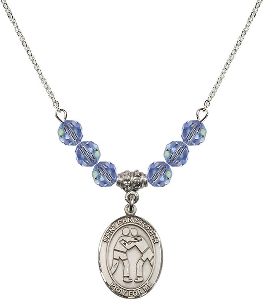 Sterling Silver Saint Christopher/Wrestling Birthstone Necklace with Light Sapphire Beads - 8159