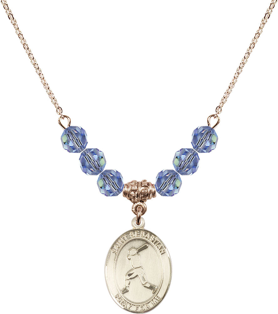 14kt Gold Filled Saint Sebastian/Baseball Birthstone Necklace with Light Sapphire Beads - 8160